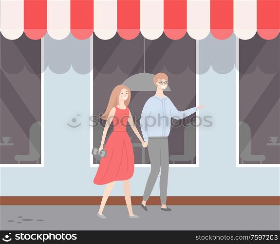Male and female in love, guy in glasses, lady in red dress walking outside along facade with shop windows. Vector people in casual cloth dating at summer. Male and Female in Love, Guy and Lady Walking