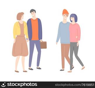 Male and female in love, guy with suitcase, people in casual cloth walking and flirting. Cartoon man and woman holding hands vector isolated couples. Male and Female in Love, Guy with Suitcase, People