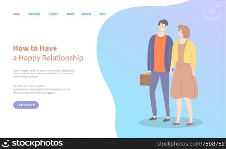 Male and female in love, lady in dress, people in casual cloth walking and flirting. Man and woman holding hands vector couple. Website or webpage template, landing page flat style. Male and Female in Love, People in Casual Cloth