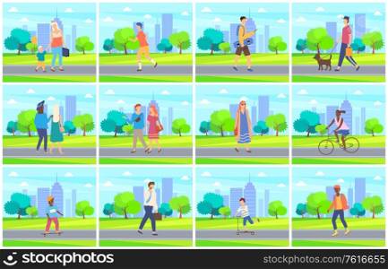 Male and female leisure outdoor, man and woman walking in city park near trees, children activity on skateboard or scooter, weekend in green park, people holiday vector. People in Park, Leisure of Man and Woman Vector
