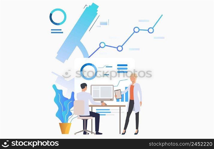 Male and female medics examining scientific data vector illustration. Scientific research, analysis, laboratory. Science concept. Creative design for layouts, web pages, banners