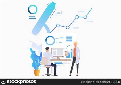 Male and female medics examining scientific data vector illustration. Scientific research, analysis, laboratory. Science concept. Creative design for layouts, web pages, banners