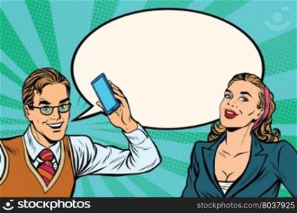 Male and female mobile phone dialogue pop art retro vector. Modern technology. Male and female mobile phone dialogue