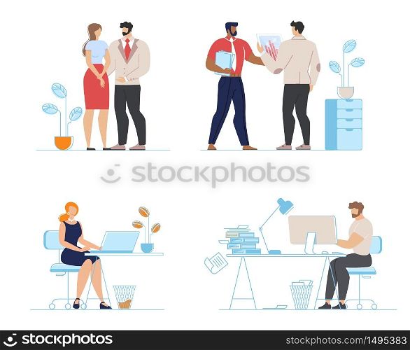 Male and Female Office Workers Working on Laptop Along at Workplace, Family Couple Talking, Business Partners Analyzing Financial Report in Graphs and Charts Flat Set. Cartoon Vector Illustration. Office Workers Along, Family Couple, Partners Set