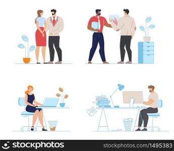Male and Female Office Workers Working on Laptop Along at Workplace, Family Couple Talking, Business Partners Analyzing Financial Report in Graphs and Charts Flat Set. Cartoon Vector Illustration. Office Workers Along, Family Couple, Partners Set