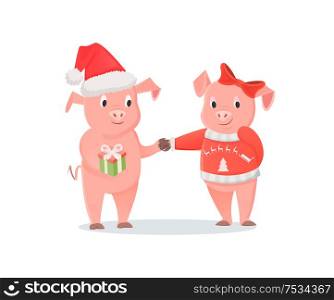 Male and female piglets, pigs in hat and bow, New Year or Christmas holiday. Animal exchange gift, livestock mammals, zodiac symbol vector illustration. Male and Female Piglets, New Year or Christmas