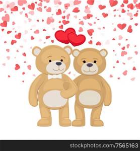 Male and female plush toys celebrating Valentines Day. Happy teddy bears family holding red heart in paws, isolated on background of symbols of love. Male Female Plush Toys Celebrating Valentines Day