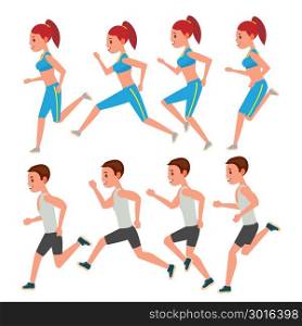 Male And Female Running Vector. Animation Frames Set. Sport Athlete Fitness Character. Marathon Road Race Runner. Woman Side View. Sportswear. Jogging Couple, Workout. Isolated Flat Illustration. Male And Female Running Vector. Animation Frames Set. Sport Athlete Fitness Character. Marathon Road Race Runner. Woman Side View. Sportswear. Jogging Couple. Isolated Flat Illustration