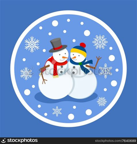 Male and female sculptures made of snow, isolated winter characters under snowfall. Snowflakes and bokeh effect. Man and woman snowman with hats and knitted scarves on snowballs sticker vector. Snowman Winter Characters and Snowing Weather