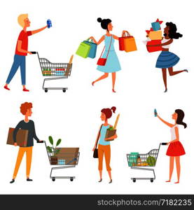 Male and female shopping. Vector pictures of various characters in shop. Woman character shopping, customer in store illustration. Male and female shopping. Vector pictures of various characters in shop