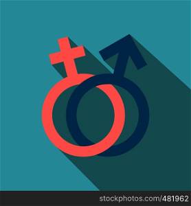 Male and female signs flat icon on a blue background. Male and female signs flat icon