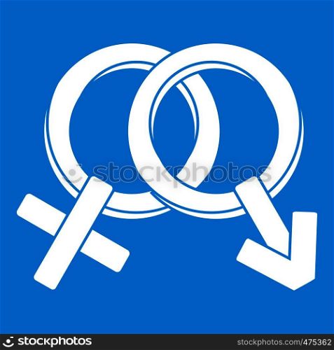 Male and female signs icon white isolated on blue background vector illustration. Male and female signs icon white