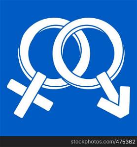 Male and female signs icon white isolated on blue background vector illustration. Male and female signs icon white