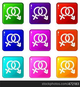 Male and female signs icons of 9 color set isolated vector illustration. Male and female signs icons 9 set