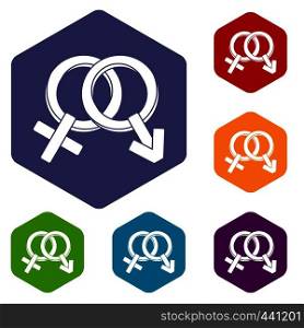 Male and female signs icons set hexagon isolated vector illustration. Male and female signs icons set hexagon
