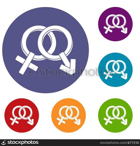 Male and female signs icons set in flat circle red, blue and green color for web. Male and female signs icons set