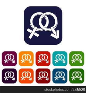 Male and female signs icons set vector illustration in flat style In colors red, blue, green and other. Male and female signs icons set flat