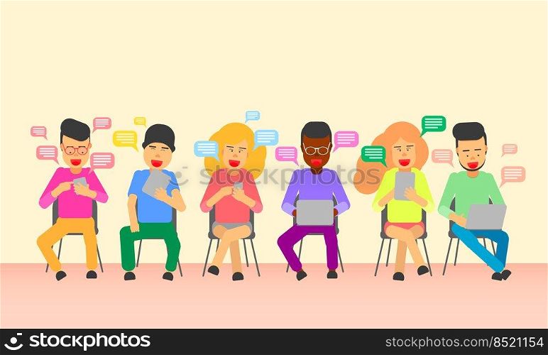 male and female sit on chair use technology laptop smartphone. trends internet lifestyle. vector illustration eps10