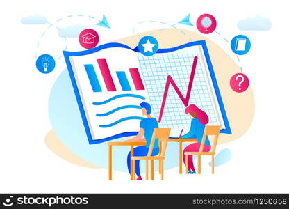 Male and Female Students Sitting at Desk and Watchig at Huge Notebook with Graphs and Charts Pictures on Beige and Blue Background with Clouds. Educational Icons Around. Flat Vector Illustration.. Students Watchig at Huge Notebook with Graphs