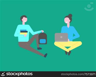 Male and female students sitting isolated on green background. Man teenager with pile of books, and girl working on laptop, vector cartoon people in flat style. Male and Female Students Sitting Isolated on Green