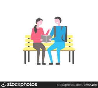 Male and female students sitting on bench and reading book. Young happy couple university learners having fun during break, repeating material in textbook. Male and female students sit on bench with book