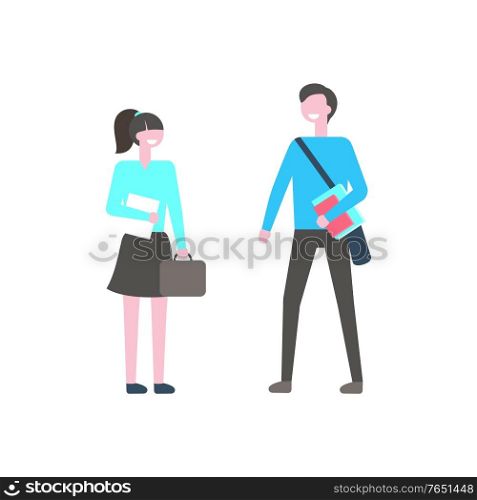 Male and female students vector isolated cartoon people with bags and books. College or school teenagers, faceless characters, university learners. Male and Female Students Vector Isolated People
