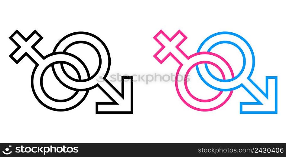 Male and female symbol set, the gender relations between man and woman, vector contour of the concept of sex, Venus and Mars
