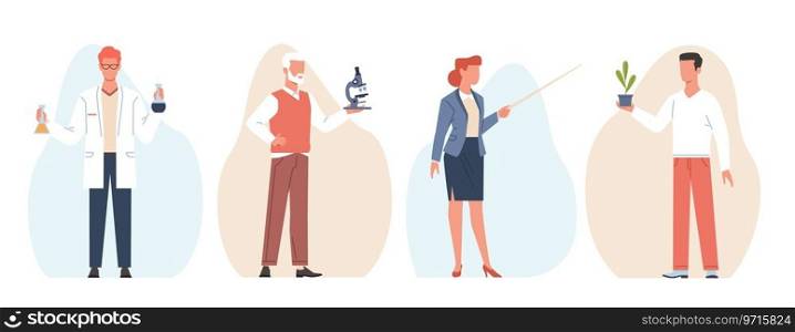 Male and female teachers. Chemist, biologist and physicist, school mathematics and languages. People hold microscope pointer and chemical reagents. Cartoon flat style isolated illustration. Vector set. Male and female teachers. Chemist, biologist and physicist, school mathematics and languages. People hold microscope pointer and chemical reagents. Cartoon flat style isolated vector set