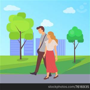 Male and female walking together in green city park, cartoon characters. Vector guy and blonde girl in long red skirt, dating man and woman, summer or spring. Male and Female Walk Together in Green City Park