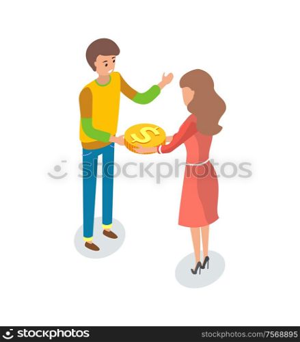Male and woman in crowdfunding project, practice of funding venture by raising money from large number of people, typically via Internet, vector isolated. People in Crowdfunding Project, Funding Venture
