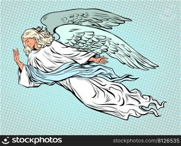 male angel flying, christian religious creature. Symbol of grief and sadness. Pop art retro vector illustration kitsch vintage 50s 60s style. male angel flying, christian religious creature. Symbol of grief and sadness