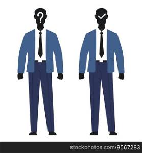 Male anonymous, unknown faceless user, incognito business person with question and check mark on face. Businessman profile avatar. Human body. Cartoon flat style isolated illustration. Vector concept. Male anonymous, unknown faceless user, incognito business person with question and check mark on face. Businessman profile avatar. Human body. Cartoon flat style isolated vector concept