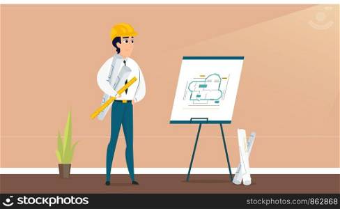 Male architect examining room design plan. Vector illustration of working cartoon characters in coworking studio. The concept of construction, architecture, design, workplace.