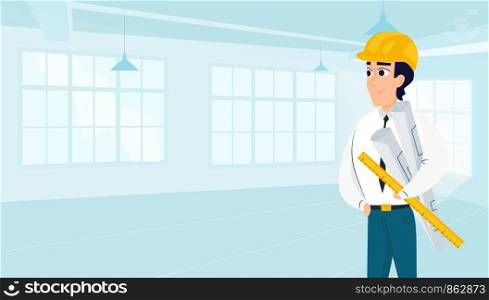 Male architect with drawings in empty room. Vector illustration of working cartoon characters in coworking studio. The concept of construction, architecture, design
