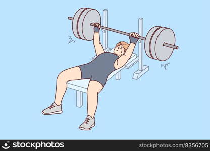 Male athlete in sportswear lift barbell in gym. Man powerlifter training preparing for competition. Sport and workout. Vector illustration.. Male athlete lift barbell
