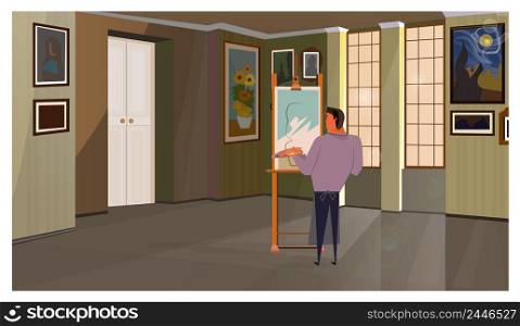 Male athletic artist painting on canvas vector illustration. Creative man working on picture and holding color palette in workshop. Occupation concept