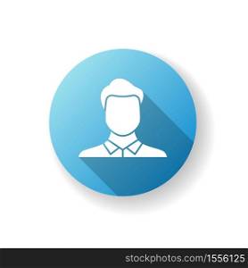 Male avatar blue flat design long shadow glyph icon. Human resources for job. Corporate businessman. Man for interview. Manager in suit. Person head. Silhouette RGB color illustration. Male avatar blue flat design long shadow glyph icon