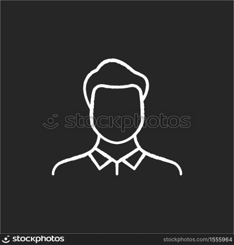 Male avatar chalk white icon on black background. Human resources for job. Employee for company career. Corporate businessman. Manager in suit. Person head. Isolated vector chalkboard illustration. Male avatar chalk white icon on black background