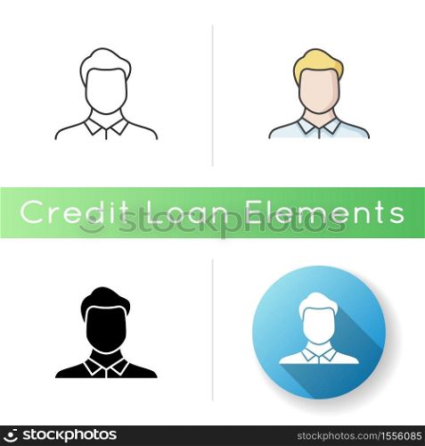 Male avatar icon. Human resources for job. Employee for company career. Corporate businessman. Manager in suit. Person head. Linear black and RGB color styles. Isolated vector illustrations. Male avatar icon