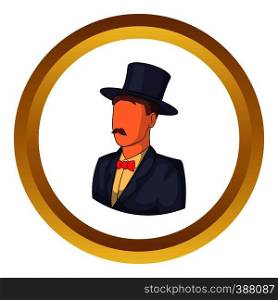 Male avatar in suit with hat vector icon in golden circle, cartoon style isolated on white background. Male avatar in suit with hat vector icon