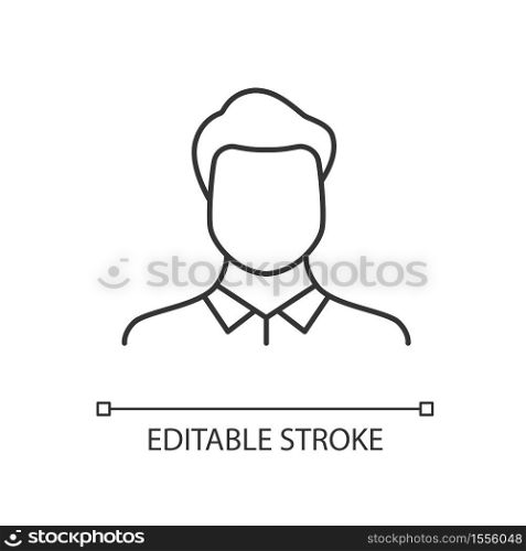 Male avatar linear icon. Human resources. Employee for company career. Corporate businessman. Thin line customizable illustration. Contour symbol. Vector isolated outline drawing. Editable stroke. Male avatar linear icon