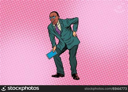 Male back pain. medicine and health. African American people. Pop art retro vector illustration. Male back pain. African American people