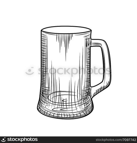 Male beer mug. Engraving style. Hand drawn vector illustration isolated on white background. Male beer mug. Engraving style. Hand drawn