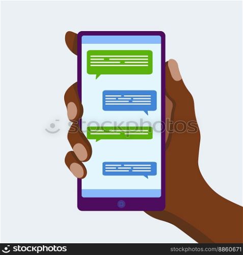 Male black hand holding smartphone with message chart on screen vector flat illustration. Human black arm with mobile phone messenger application on display isolated on white.
