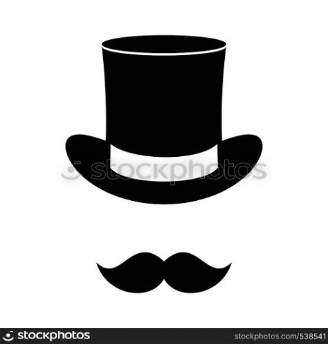 Male black mustache and cylinder icon in simple style on a white background. Male black mustache and cylinder icon