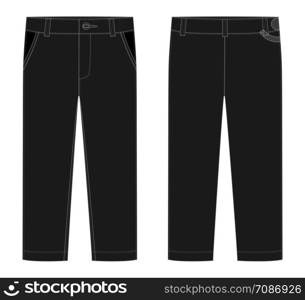 Male black pants. KIds casual trousers design template. Front and back view. Technical sketch of pants. Vector illustration. Male black pants. KIds trousers design template.