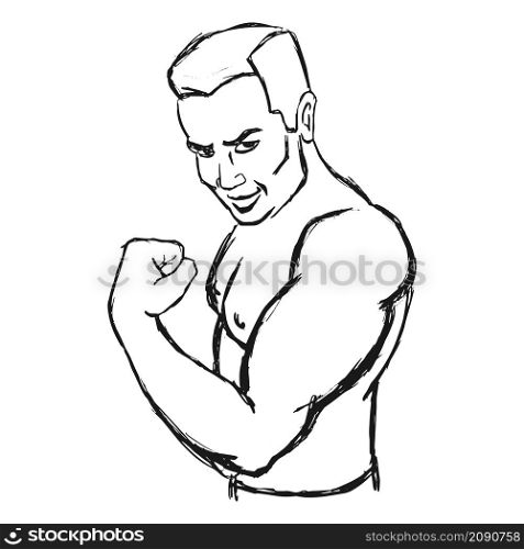 Male bodybuilder flexing his biceps. Outline silhouette. Design element. Vector illustration isolated on white background. Template for books, stickers, posters, cards, clothes.. Male bodybuilder flexing his biceps. Hand drawn sketch. Outline silhouette. Design element. Vector illustration isolated on white background. Template for books, stickers, posters, cards, clothes.