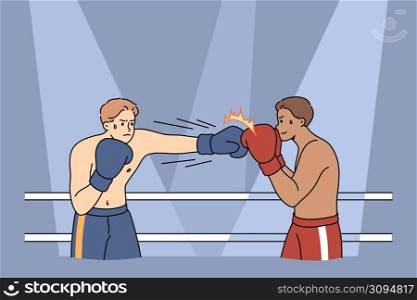 Male boxers in gloves fight at squared ring. Strong powerful sportsmen or fighter compete punching at Muay Thai boxing competition. Combat sport concept. Flat vector illustration. . Boxers fight compete at squared ring