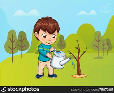 Male boy in forest vector, child caring for growing plants. Kiddo holding watering can in park, new young tree growing, leaves of botany. Grass and bushes. Child Caring for Nature, Boy with Watering Can