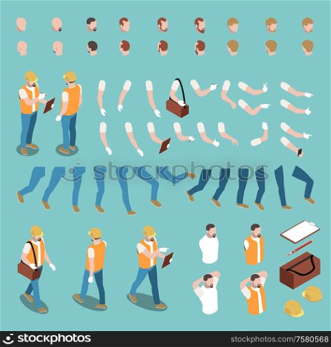 Male builder character constructor with uniform hand gestures legs hair 3d isometric isolated vector illustration
